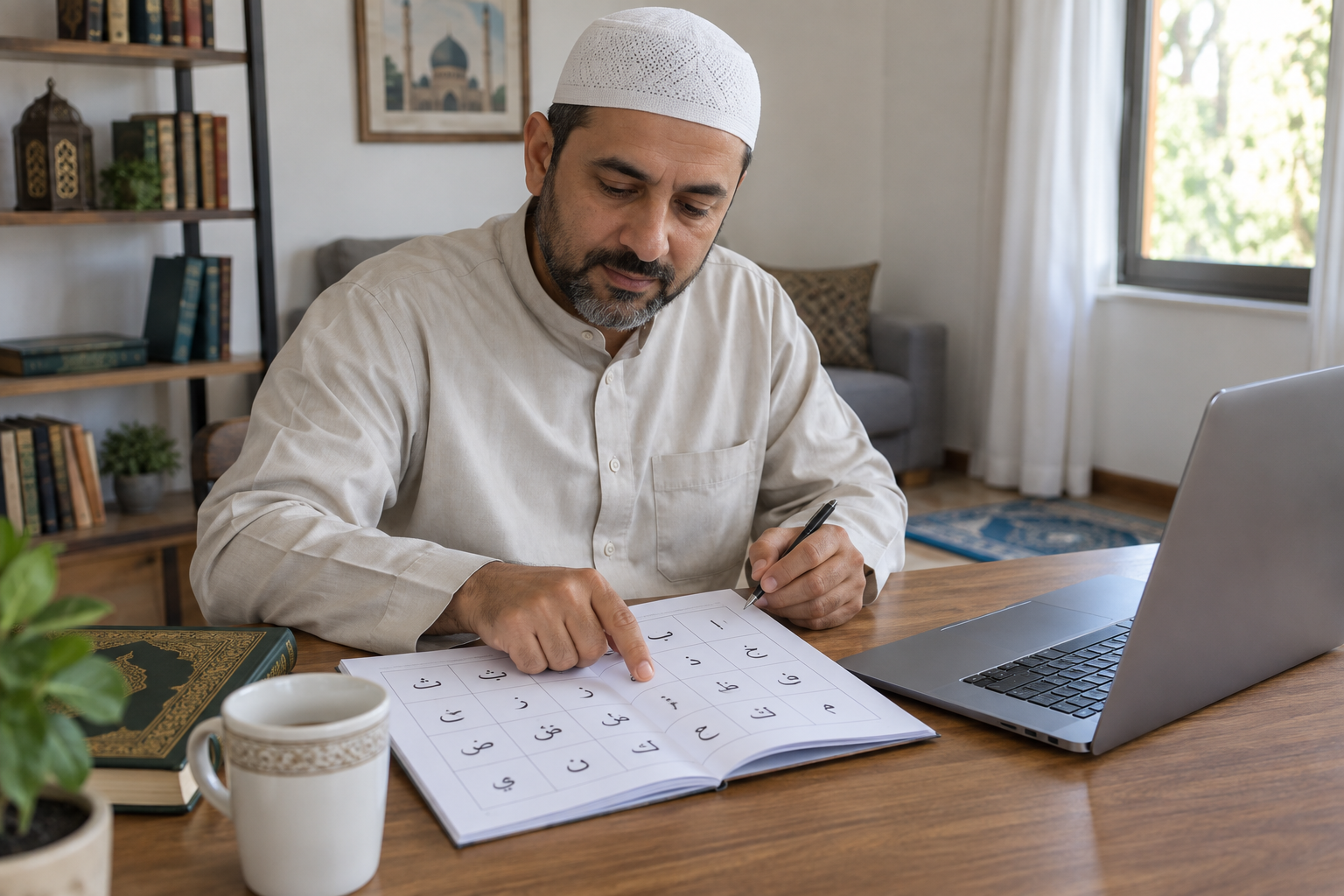 Adult man practising Arabic letters during an online Quran foundation lesson