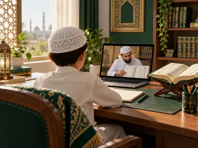 A child learning Quran reading online at a desk