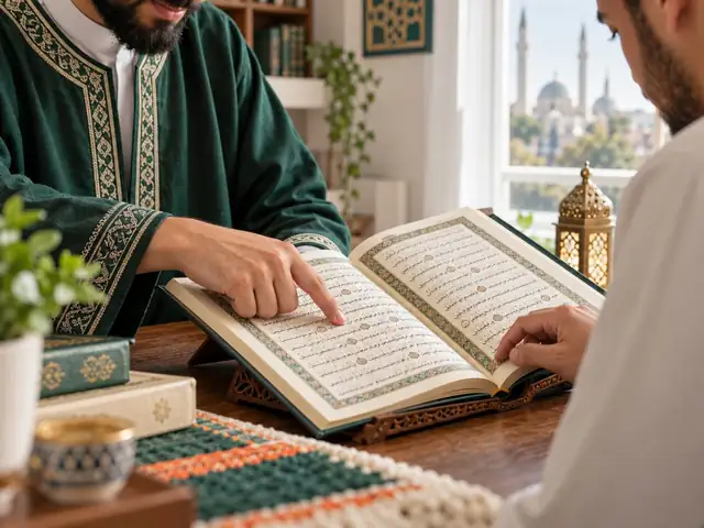 Teacher guiding Quran reading from an open Mushaf