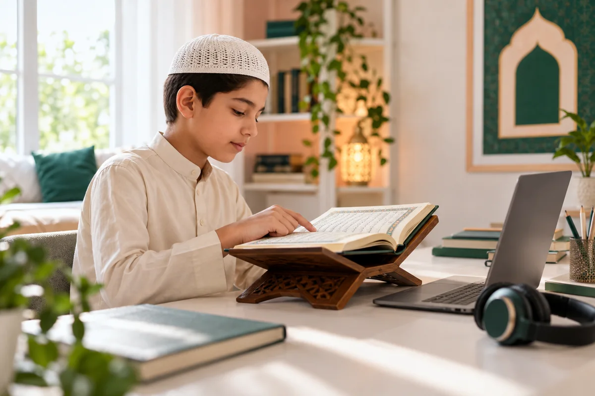 Illustrative child practising steady connected Quran reading from the Mushaf