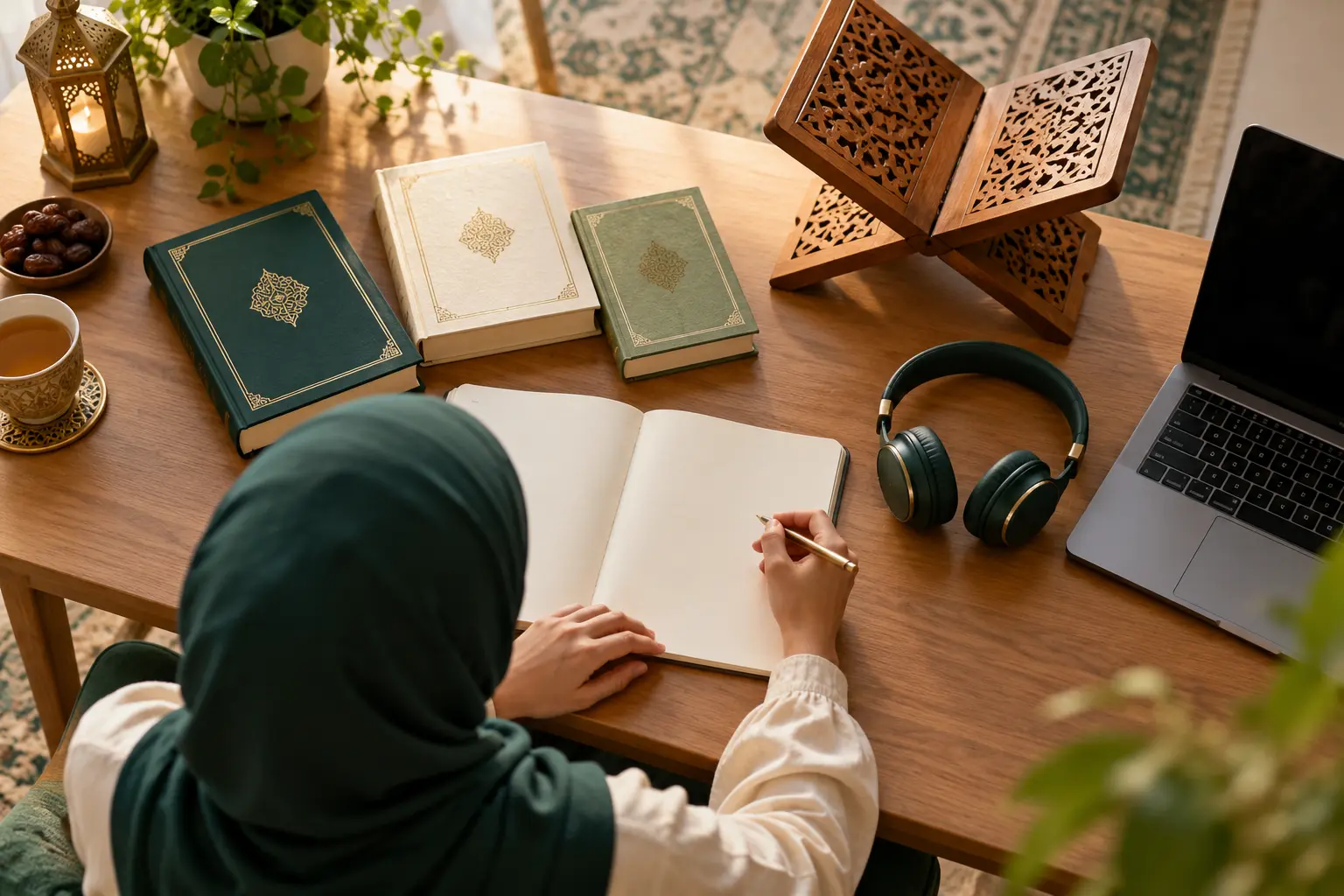 Illustration of books, a Quran stand and learning materials for choosing a Quran course